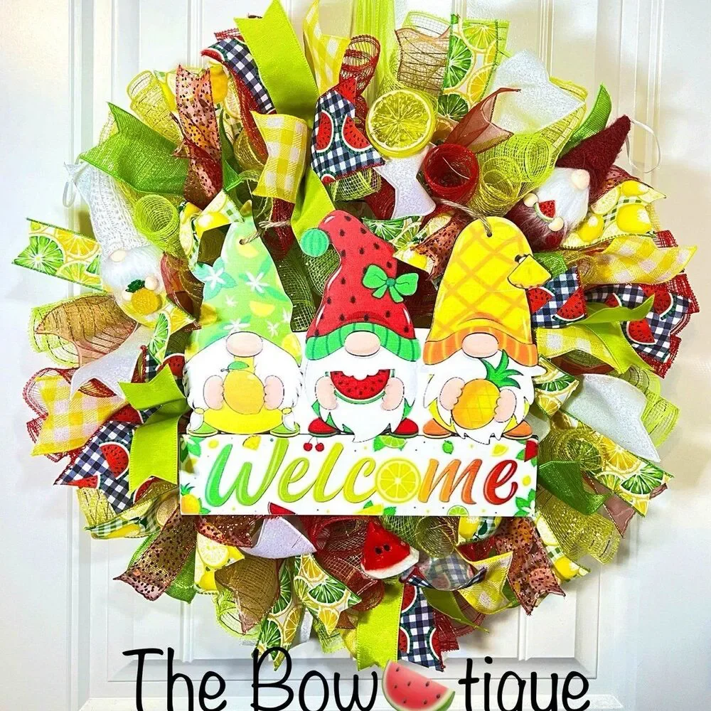 Handmade Summer Watermelon Pineapple Gnome Prelit Ribbon Wreath 22 in LED W6